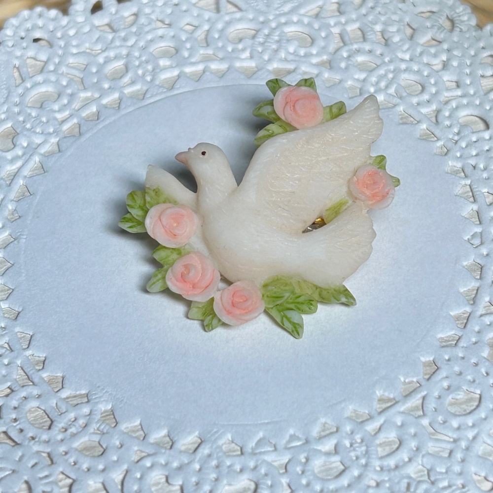 Vintage Seraphim Classics Dove and Roses Resin Fashion Brooch by Roman Inc.